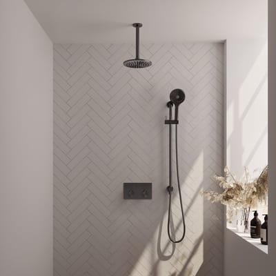 Brauer Gunmetal Edition thermostatische inbouw regendouche met drukknoppen SET 71 met 20 cm douchekop en plafondarm en 3-standen handdouche en doucheslang en geïntegreerde glijstang gunmetal geborsteld PVD