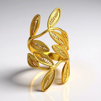 Cavill - Verstelbare Zilveren Ring - 925 Sterling Zilver Verguld - Natuurlijk Bladeren Design - Elegante Moderne Damesring - 24x30 mm