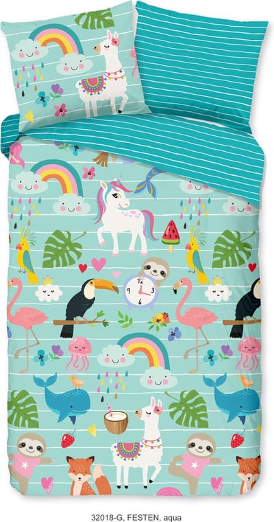 Good Morning dekbedovertrek dieren en regenbogen - 1 persoons 140x200/220 cm - Aqua - 100% Katoen renforc�