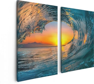 Artaza Canvas Schilderij Tweeluik Golf bij Zonsondergang - 80x60 - Foto Op Canvas - Canvas Print