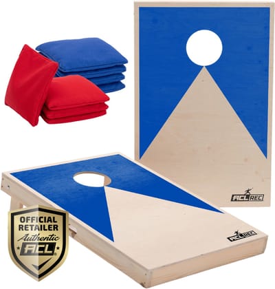 Wicked Wood Games – Cornhole Set “Blauw Design” – 90x60 cm – Inclusief 2 Boards en 8 Zakjes – 100% Hout – Officiële ACL Licentie