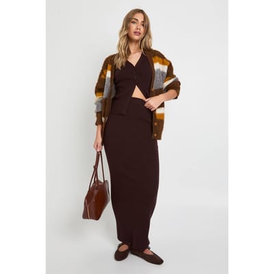 boohoo Dames Chunky Rib V-hals Gebreide Vest en Maxi Rok Co-Ord | Chocolate | Maat: Medium
