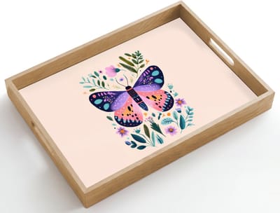 Dienblad hout 50x35 cm - Schootdienblad - Bloemen - Bladeren - Vlinder - Kleurrijk - Borrelplank rechthoek - Plateau dienbladen