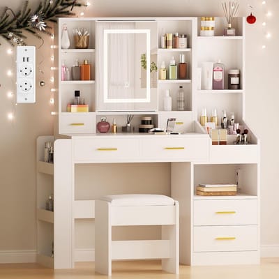 Kaptafel met Spiegel - Make-up Tafel - Make-up aanbrengen - Verstelbare Verlichting - 121.5 x 40 x 141 cm - Wit