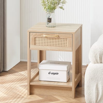 Rattan Nachtkastje Met Lade - Bijzettafel Houtlook - Natuurlijk - Opbergruimte