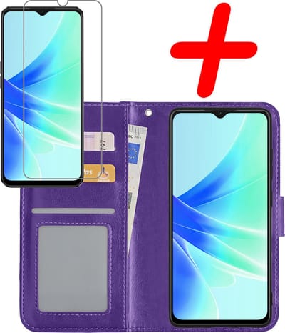 Hoesje Met Screenprotector - Geschikt voor OPPO A57 - Luxe Pasjeshouder - Bookcase Portemonee - Flip Case - Kunstleer Book Case - Flipcase - Book Cover - Walletcase - Portemonneehoes - Paars