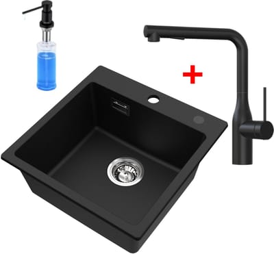 CECIPA Max Spoelbak Met Kraangat - Granieten Spoelbak Met Keukenkraan en Zeepdispenser 300ML - 45x45cm Graniet Spoelbak Onderbouw Spoelbak - 80% kwartszand en 20% hars - Antraciet