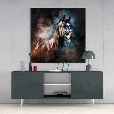 Luxe Premium Gehard Glas Schilderij Mystiek Zwart Paard met Rookeffect – Moderne Wanddecoratie van Tempered Glas - 40 x 40 cm