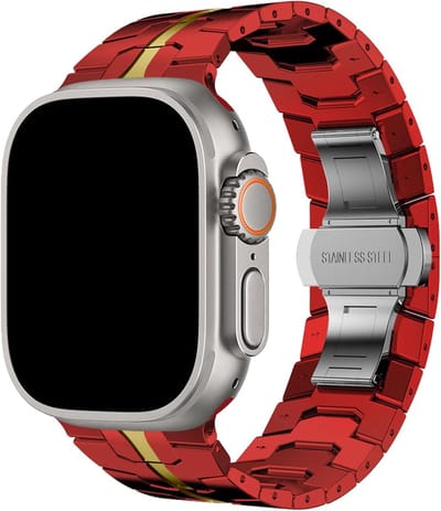 Stravo Premium RVS Schakelband met Vlindersluiting – Iron Style Metalen Horlogebandje – Geschikt voor Apple Watch 42mm (Series 11/10), 41mm (Series 9/8/7), 40mm (Series 6/5/4/, SE 1/2/3), 38mm (Series 3/2/1) – Rood/Geel