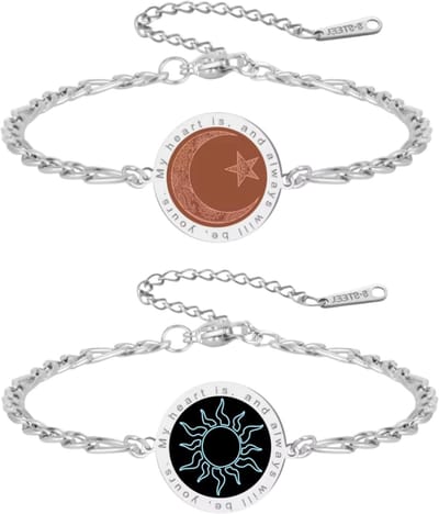 Zonne-, Maan- en Sterren Armband voor Koppels – ‘Mijn Hart is Altijd van Jou’ – 2 Stuks Zilver – Romantisch Cadeau voor Haar of Hem, Verjaardag, Jubileum of Valentijn