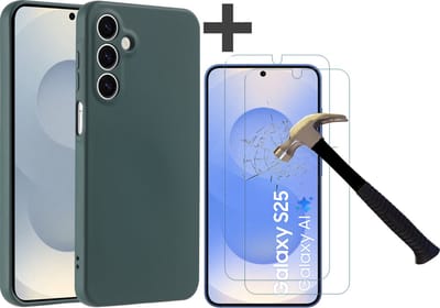 Hoesje geschikt voor Samsung Galaxy S25 hoesje zacht siliconen met 2 Stuks gehard glas Screenprotectors- Arara backcover - Pine Groen