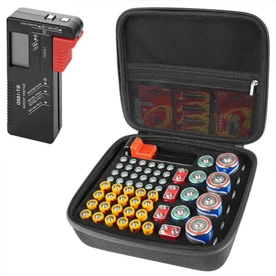 Hard Battery Case met Tester - Draagbare batterijhouder voor 63 batterijen (AA, AAA, 9V, C en D) voor eenvoudig vervoer en opslag