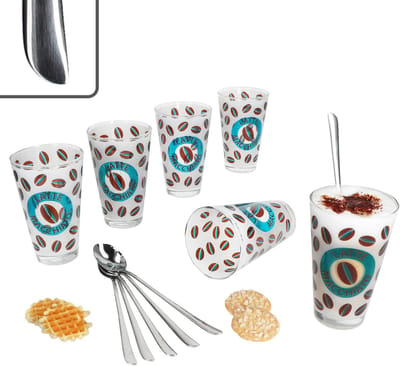 12-delige latte macchiato set - 6x CREMONA glazen blauw + 6x TWIST latte macchiato lepels - 0806236 & 747-480