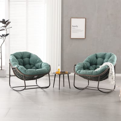 Wishdor Schommelstoel - Oversized eivormig - Met dik zitkussen - Modern - Terras - Staal en handgevlochten synthetisch rattan - Groen - 78 x 106 x 90 cm