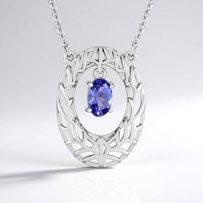 Cavill - 925 Sterling Zilver Ketting - 0,45 ct Ovaal Tanzaniet Edelsteen - Rhodiumlaag - Filigraan Design - 45,5 cm - Paars Modern Sieraad
