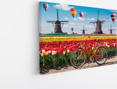 Saammp Canvas Schilderij - Fiets - Molens met Tulpenvelden - Natuur - 45x30 - Foto op canvas - Wanddecoratie - Muurdecoratie Woonkamer - Slaapkamer decoratie - Canvas Print