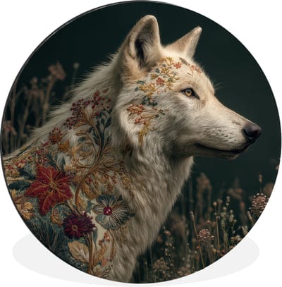 WallCircle - Wandcirkel - Muurcirkel - Wolf - Bloemen - Natuur - Aluminium - Dibond - 30x30 cm - Binnen en Buiten