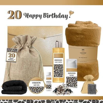 Geschenkset “20 Jaar Happy Birthday!” - 8 producten - 1210 gram - Triomf Cosmetica | Luxe wellness Cadeaubox voor haar Giftset Verjaardag Twintig Cadeau Pakket Gefeliciteerd Verjaardagscadeau Vrouw Gift Party Twenty Years Panter Zwart Goud