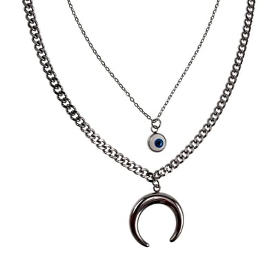 Gelaagde Ketting Dames - Gepolijst RVS - Dubbele Ketting met Halve Maan en Turks Oog – Verstelbaar 41cm tot 46cm