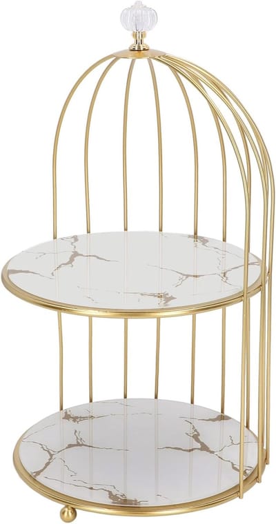 SnelShoppen - Dubbele Laag Opbergplank voor Badkamer of Dressoir met Vogelkooi Design, Gouden Frame en Glas, Ruimtebesparende Organizer, Wit met Goude