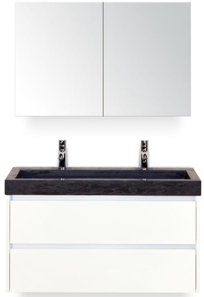 Dante Badmeubelset 100 cm - Wit Hoogglans - Wastafel Hardsteen Wit Lucca 2 Kraangaten met Spiegelkast