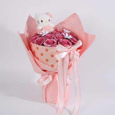 La Roselle Amsterdam Roze Rozenboeket met Hello Knuffel – Kunstrozen Cadeau