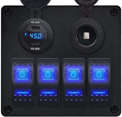 ProRide Schakelpaneel 12V voor Auto/Boot - USB C Lader 2 Poorten met Schakelaar/Wattagemeter - 45W/QC3.0 - 4 schakelaars