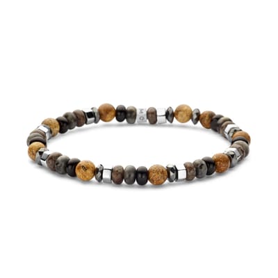 Frank 1967 - 7FB-0772 - kralenarmband heren - zwart agaat abacus, labradoriet, bronziet, hematiet - geel - 19cm
