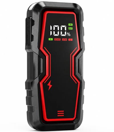 KAD® Jumpstarter Voor Auto - Jumpstarter Auto – 6000A Starthulp met Powerbank – Geschikt voor Diesel & Benzine – Inclusief Smart Klemmen & LED Verlichting – 12V - Zwart/Rood - ‎ 27cm x 24cm x 7cm