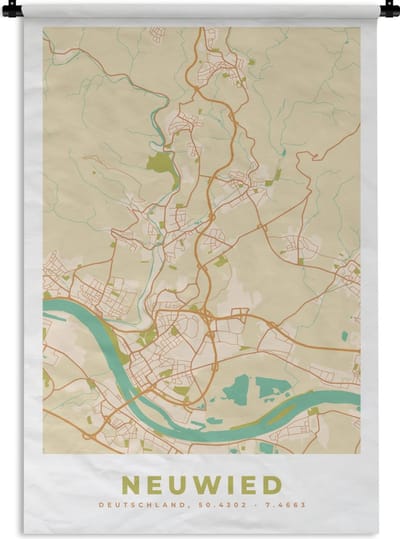 Wandkleed - Wanddoek - Vintage - Kaart - Neuwied - Stadskaart - Plattegrond - 120x180 cm - Wandtapijt