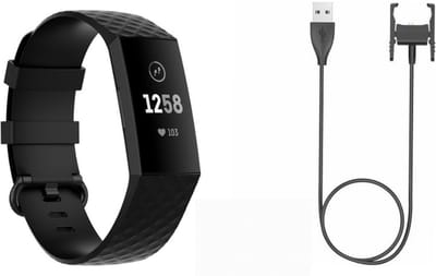 Strap-it Bundel Siliconen band + Oplader - Geschikt voor Fitbit Charge 3 / 4 - Zwart - Maat S - USB Oplaadkabel - Smartwatch Accessoires - 2 in 1 Bundel