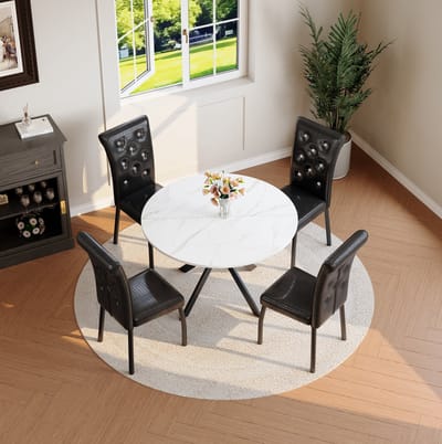 Eettafelset - Ronde Eettafel Met 4 Stoelen - Marmerlook Tafelblad En Gevoerde Stoelen - Voor Eetkamer En Keuken - Hout Metaal Zwart Wit