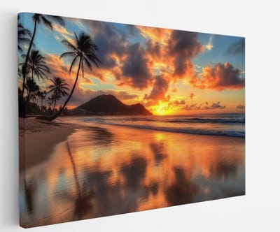 Saammp Canvas Schilderij - Tropisch strand - Zee met zonsondergang - 45x30 - Foto op canvas - Wanddecoratie - muurdecoratie Woonkamer - Slaapkamer decoratie - Canvas Print