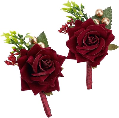 Bruiloft Boutonniere - Bruidegom Bloem Corsage - Bruiloft Decoratie - Met Broche Bevestiging - 2 stuks - Wijnrood