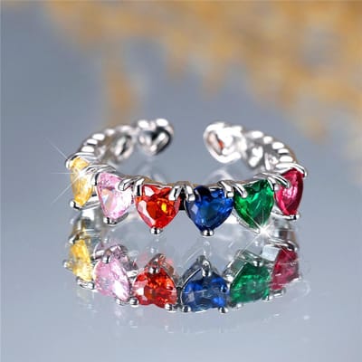 Bague Cœur Ajustable Mignonne en Pierre Zircon Arc-en-ciel pour Femme Couleur Vintage Ouverte Bijoux de Mariage pour Femmes resizable white