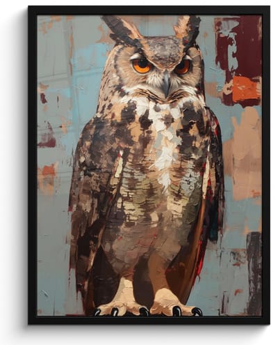 Poster in lijst - Fotolijst 50x70 cm - Posters - Geschilderd - Abstract - Uil - Bruin - Posterlijst zwart - Decoratie - Wanddecoratie woonkamer - Muurdecoratie slaapkamer