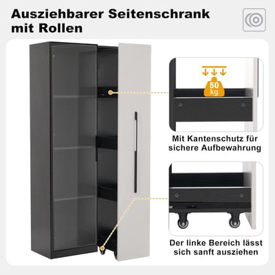 Vitrinekast met LED 160 cm – Casa Velluto Elegance – Modern Boekenkast met Glazen Deur, Aluminium Frame, Uittrekbaar Zijpaneel, Lade en Wielen – Woonkamer, Eetkamer, Keuken – 70x40x160 cm, Zwart