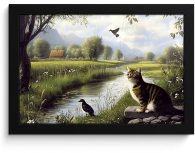 Poster in lijst - Fotolijst 30x20 cm - Posters - Kat - Beekje - Weide - Posterlijst zwart - Decoratie - Wanddecoratie woonkamer - Muurdecoratie slaapkamer