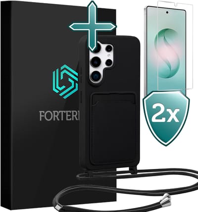 Hoesje Geschikt voor Samsung S26 Ultra Case Siliconen Hoes Met Koord Met 2x Screenprotector - Hoes Geschikt voor Samsung Galaxy S26 Ultra Met Telefoonkoord Hoesje Backcover - Zwart