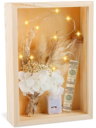 Creatief Huwelijkscadeau Geldgeschenk met Houten Doos, Droogbloemen en Lichtsnoer