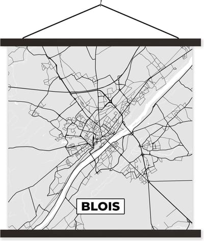 Posterhanger incl. Poster 60x60 cm - Schoolplaat - Plattegrond - Blois - Stadskaart - Kaart - Frankrijk - Textielposter - Zwarte latten - Stadskaart