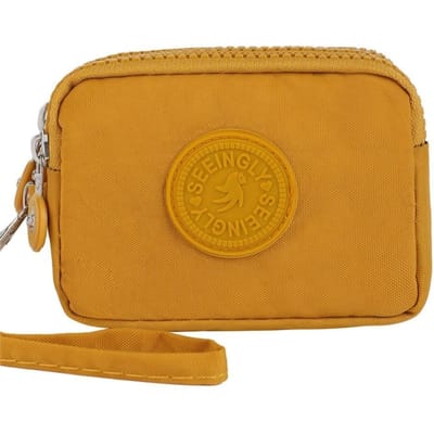 Mini porte-monnaie en nylon pour femmes, porte-clés, portefeuille, fermeture éclair, étanche, portable, trois couches, sac de rangement, sac à main pour filles jaune