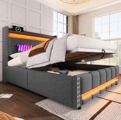 MEUNIQ tweepersoons gestoffeerd bed 160x200 cm met LED, USB, hoofdbord met opbergruimte en hydraulische bergruimte voor slaapkamer, grijs