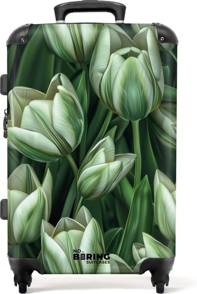 NoBoringSuitcases.com® - Koffer groot - Rolkoffer lichtgewicht - Groen met witte tulpen - Reiskoffer met 4 wielen - Grote trolley XL - 20 kg bagage