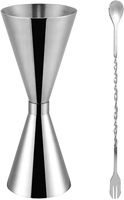 Dailygoods- Cocktailmaatbeker Dubbelzijdig - 30/60 ml - Roestvrij Staal - Cocktaillepel - Geschikt voor Cocktailparty's - Lichtgewicht 63 gram - Maatbeker