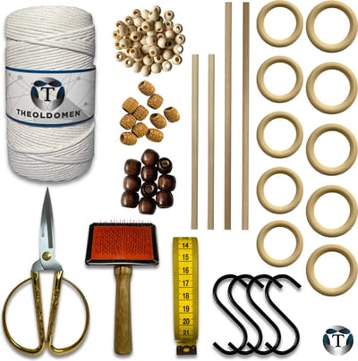 Deluxe Macramé Pakket | Wit | 200 METER | Triple Twist | 3mm | Starter Set | Schaar | S-haken | Kam | Meetlint | Ringen | Kralen | Stokken | Macramé Touw | 100% Katoen | DIY | Macramé | Wandkleed | Plantenhanger | TheOldOmen