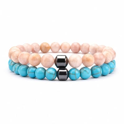 XYZ Goods Armband Heren Blauw & Oranje - Turquoise & Zonnesteen Kralen - 2 Stuks - Natuursteen - 19CM