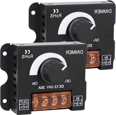 2 Stuks LED Strip Dimmer DC12V/24V 30A PWM Dimming Controller met Knop voor Helderheidsregeling en Aan/Uit Schakelaar voor Eenvormige Kleur LED Strips, Duurzaam Metalen Behuizing
