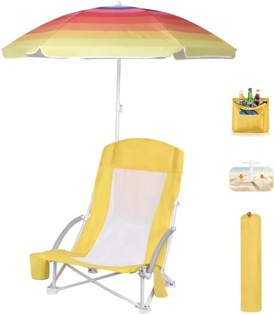 Draagbare Strandstoel met Hoge Rug en Parasol - Lichtgewicht Campingstoel voor Outdoor Activiteiten