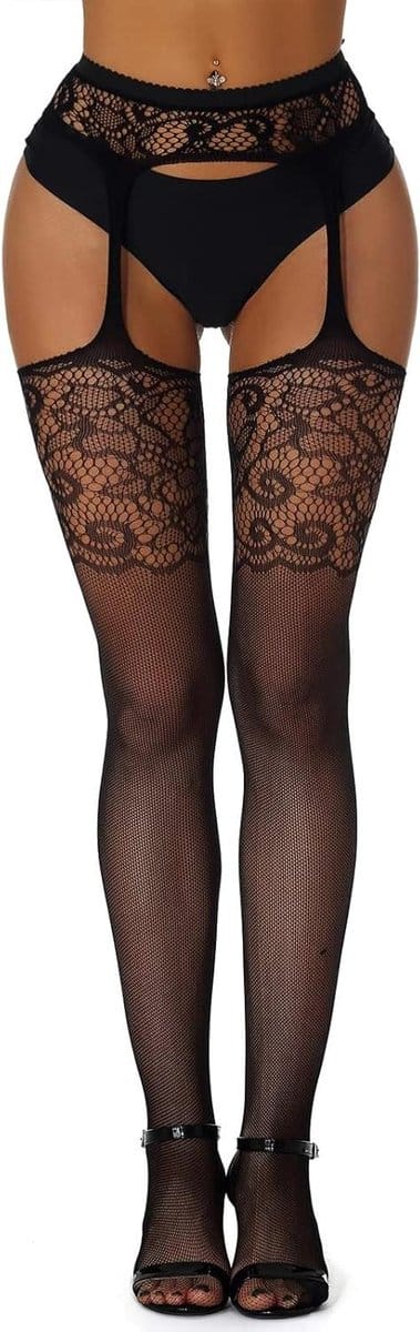 JGS Premium - Jarretel Panty voor Vrouwen | Hoge Taille | Kousenband | Patroon | Dij Hoge Netkousen